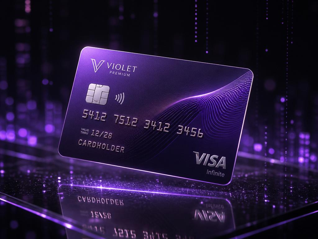 Premium Skrill card floating above a glass surface with digital particles